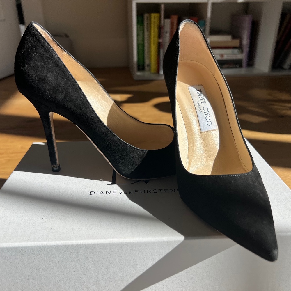 Black suede Jimmy Choo pumps